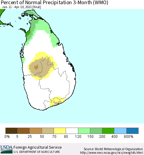 Sri Lanka Percent of Normal Precipitation 3-Month (WMO) Thematic Map For 1/11/2021 - 4/10/2021