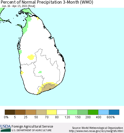 Sri Lanka Percent of Normal Precipitation 3-Month (WMO) Thematic Map For 1/16/2021 - 4/15/2021