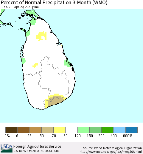 Sri Lanka Percent of Normal Precipitation 3-Month (WMO) Thematic Map For 1/21/2021 - 4/20/2021