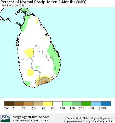 Sri Lanka Percent of Normal Precipitation 3-Month (WMO) Thematic Map For 2/1/2021 - 4/30/2021