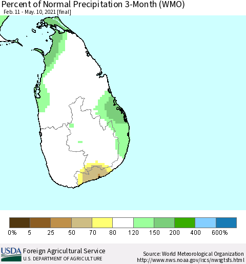 Sri Lanka Percent of Normal Precipitation 3-Month (WMO) Thematic Map For 2/11/2021 - 5/10/2021