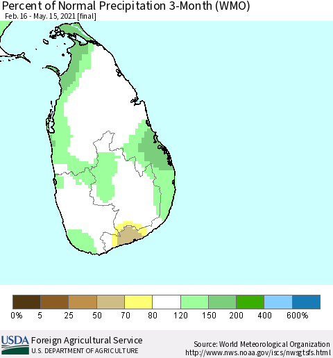 Sri Lanka Percent of Normal Precipitation 3-Month (WMO) Thematic Map For 2/16/2021 - 5/15/2021