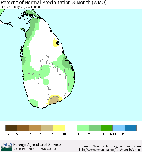 Sri Lanka Percent of Normal Precipitation 3-Month (WMO) Thematic Map For 2/21/2021 - 5/20/2021