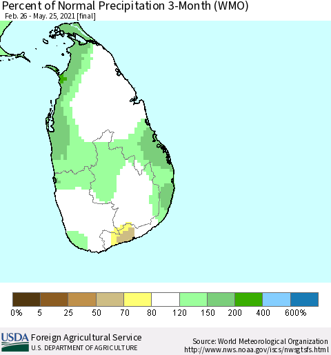 Sri Lanka Percent of Normal Precipitation 3-Month (WMO) Thematic Map For 2/26/2021 - 5/25/2021