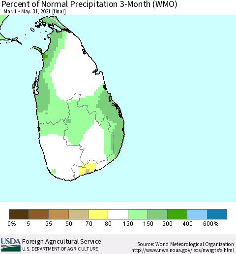 Sri Lanka Percent of Normal Precipitation 3-Month (WMO) Thematic Map For 3/1/2021 - 5/31/2021