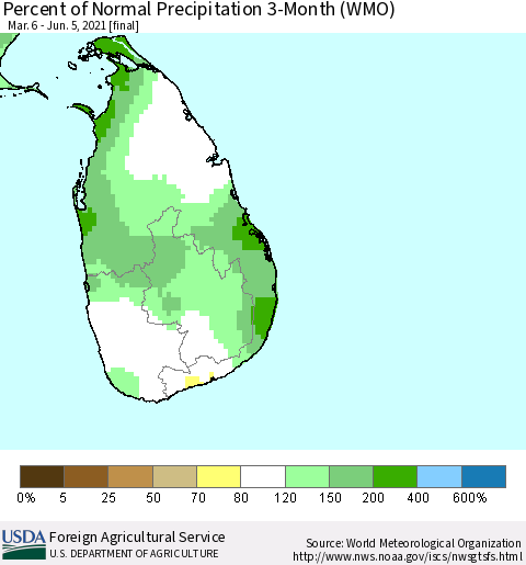 Sri Lanka Percent of Normal Precipitation 3-Month (WMO) Thematic Map For 3/6/2021 - 6/5/2021