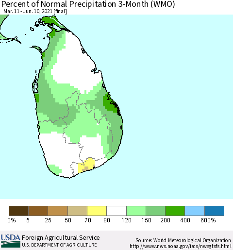 Sri Lanka Percent of Normal Precipitation 3-Month (WMO) Thematic Map For 3/11/2021 - 6/10/2021