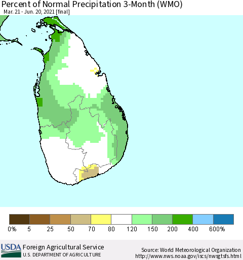 Sri Lanka Percent of Normal Precipitation 3-Month (WMO) Thematic Map For 3/21/2021 - 6/20/2021