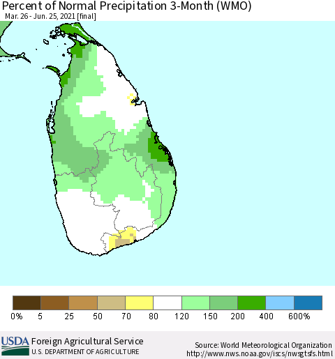 Sri Lanka Percent of Normal Precipitation 3-Month (WMO) Thematic Map For 3/26/2021 - 6/25/2021