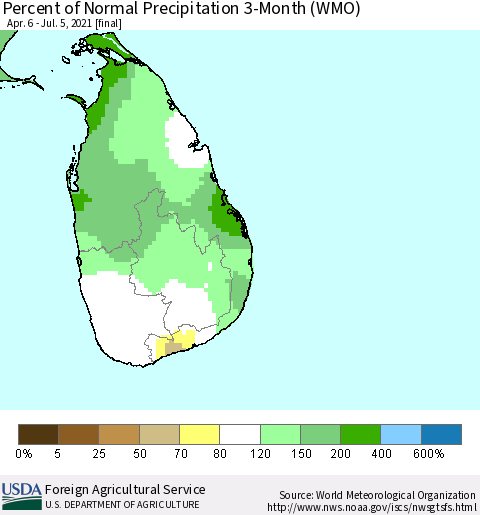 Sri Lanka Percent of Normal Precipitation 3-Month (WMO) Thematic Map For 4/6/2021 - 7/5/2021