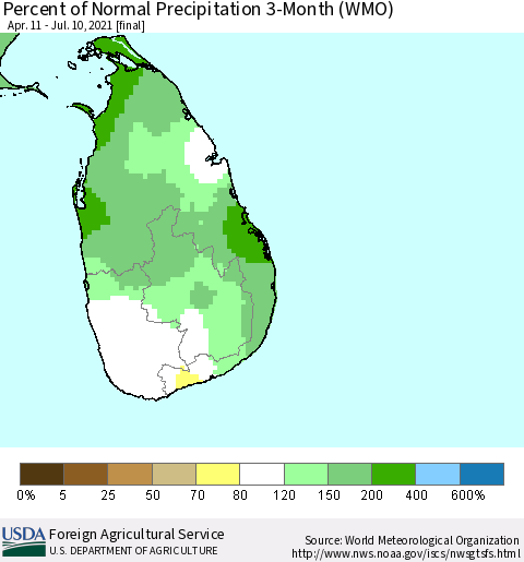 Sri Lanka Percent of Normal Precipitation 3-Month (WMO) Thematic Map For 4/11/2021 - 7/10/2021