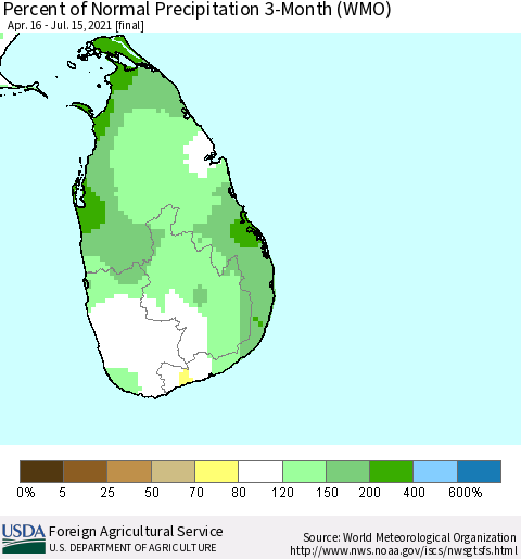 Sri Lanka Percent of Normal Precipitation 3-Month (WMO) Thematic Map For 4/16/2021 - 7/15/2021