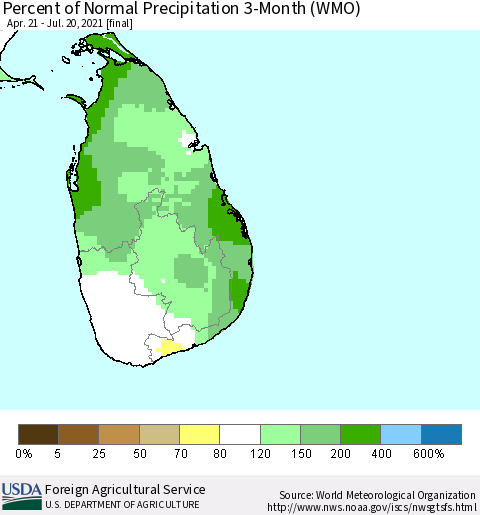 Sri Lanka Percent of Normal Precipitation 3-Month (WMO) Thematic Map For 4/21/2021 - 7/20/2021
