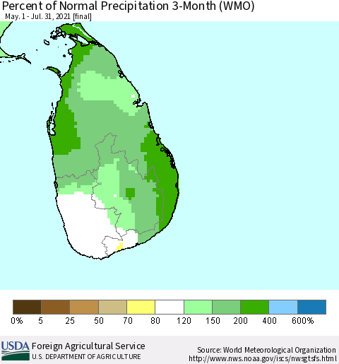 Sri Lanka Percent of Normal Precipitation 3-Month (WMO) Thematic Map For 5/1/2021 - 7/31/2021