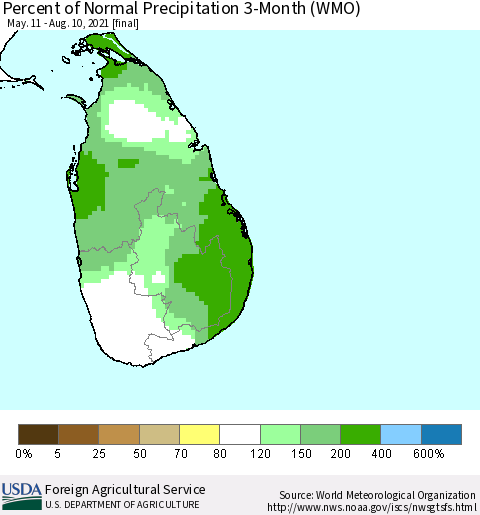 Sri Lanka Percent of Normal Precipitation 3-Month (WMO) Thematic Map For 5/11/2021 - 8/10/2021