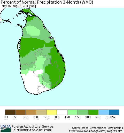 Sri Lanka Percent of Normal Precipitation 3-Month (WMO) Thematic Map For 5/16/2021 - 8/15/2021