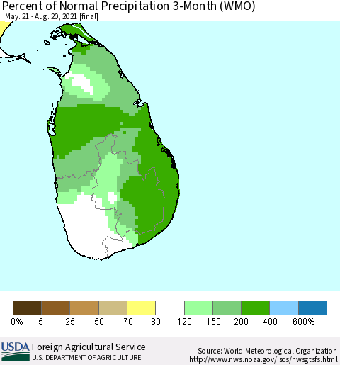 Sri Lanka Percent of Normal Precipitation 3-Month (WMO) Thematic Map For 5/21/2021 - 8/20/2021