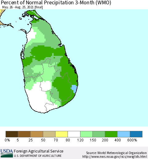 Sri Lanka Percent of Normal Precipitation 3-Month (WMO) Thematic Map For 5/26/2021 - 8/25/2021
