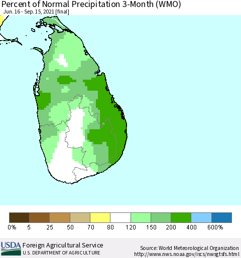 Sri Lanka Percent of Normal Precipitation 3-Month (WMO) Thematic Map For 6/16/2021 - 9/15/2021