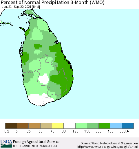 Sri Lanka Percent of Normal Precipitation 3-Month (WMO) Thematic Map For 6/21/2021 - 9/20/2021
