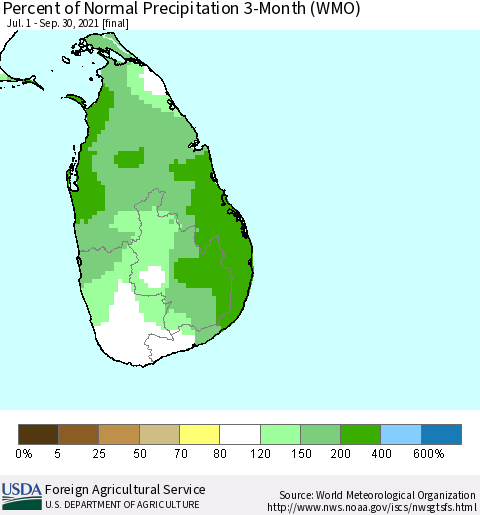 Sri Lanka Percent of Normal Precipitation 3-Month (WMO) Thematic Map For 7/1/2021 - 9/30/2021
