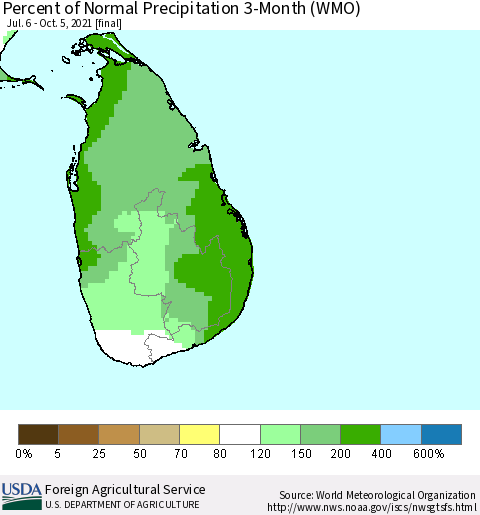 Sri Lanka Percent of Normal Precipitation 3-Month (WMO) Thematic Map For 7/6/2021 - 10/5/2021