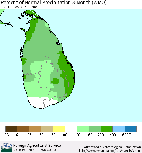 Sri Lanka Percent of Normal Precipitation 3-Month (WMO) Thematic Map For 7/11/2021 - 10/10/2021