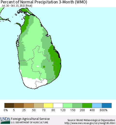 Sri Lanka Percent of Normal Precipitation 3-Month (WMO) Thematic Map For 7/16/2021 - 10/15/2021