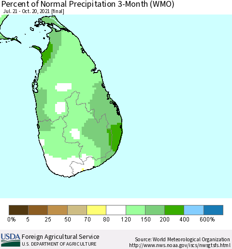 Sri Lanka Percent of Normal Precipitation 3-Month (WMO) Thematic Map For 7/21/2021 - 10/20/2021