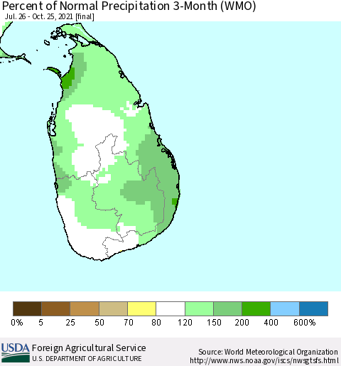 Sri Lanka Percent of Normal Precipitation 3-Month (WMO) Thematic Map For 7/26/2021 - 10/25/2021
