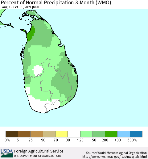 Sri Lanka Percent of Normal Precipitation 3-Month (WMO) Thematic Map For 8/1/2021 - 10/31/2021
