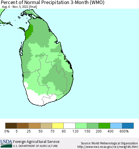 Sri Lanka Percent of Normal Precipitation 3-Month (WMO) Thematic Map For 8/6/2021 - 11/5/2021