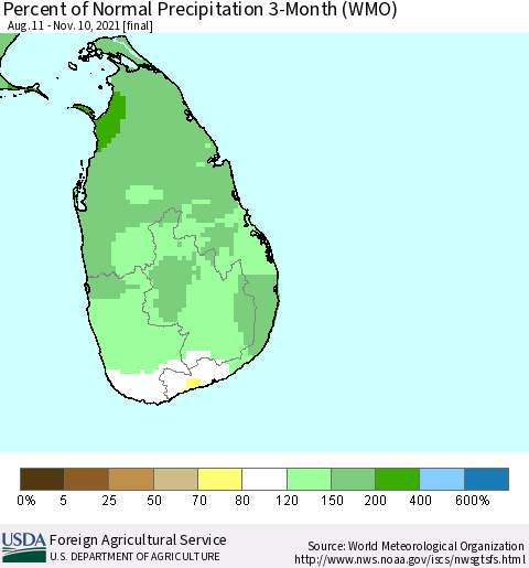 Sri Lanka Percent of Normal Precipitation 3-Month (WMO) Thematic Map For 8/11/2021 - 11/10/2021