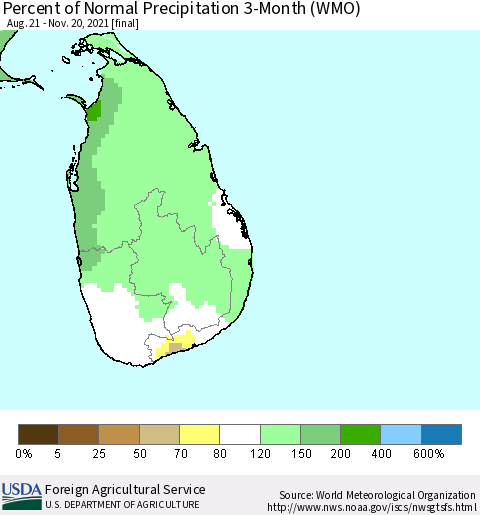 Sri Lanka Percent of Normal Precipitation 3-Month (WMO) Thematic Map For 8/21/2021 - 11/20/2021