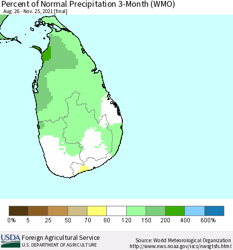 Sri Lanka Percent of Normal Precipitation 3-Month (WMO) Thematic Map For 8/26/2021 - 11/25/2021