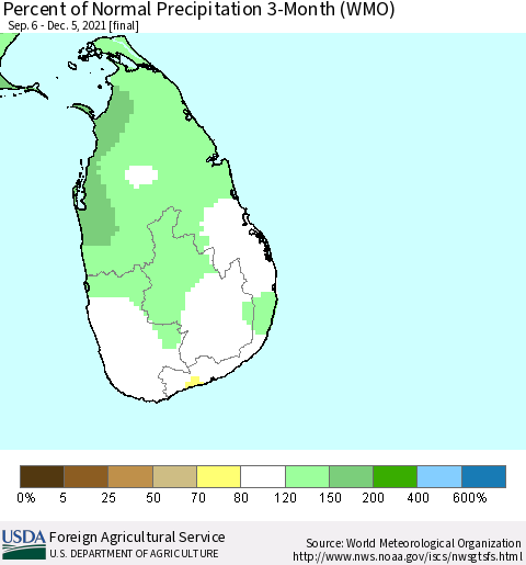 Sri Lanka Percent of Normal Precipitation 3-Month (WMO) Thematic Map For 9/6/2021 - 12/5/2021
