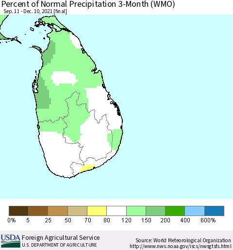 Sri Lanka Percent of Normal Precipitation 3-Month (WMO) Thematic Map For 9/11/2021 - 12/10/2021