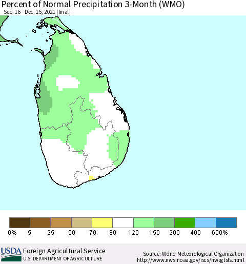 Sri Lanka Percent of Normal Precipitation 3-Month (WMO) Thematic Map For 9/16/2021 - 12/15/2021