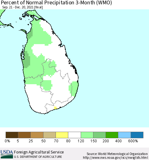 Sri Lanka Percent of Normal Precipitation 3-Month (WMO) Thematic Map For 9/21/2021 - 12/20/2021