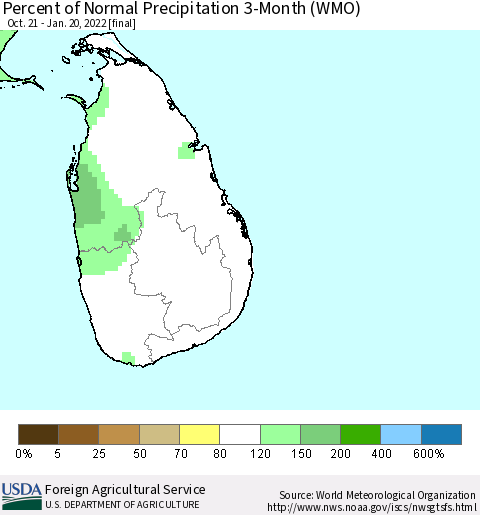 Sri Lanka Percent of Normal Precipitation 3-Month (WMO) Thematic Map For 10/21/2021 - 1/20/2022