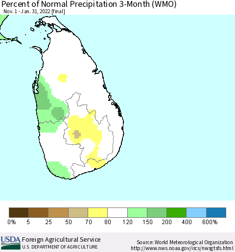 Sri Lanka Percent of Normal Precipitation 3-Month (WMO) Thematic Map For 11/1/2021 - 1/31/2022