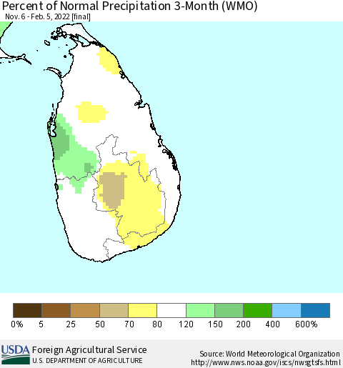 Sri Lanka Percent of Normal Precipitation 3-Month (WMO) Thematic Map For 11/6/2021 - 2/5/2022