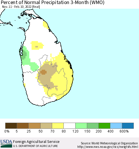 Sri Lanka Percent of Normal Precipitation 3-Month (WMO) Thematic Map For 11/11/2021 - 2/10/2022