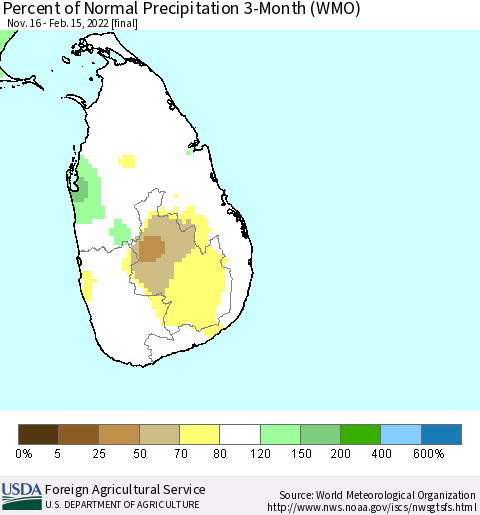 Sri Lanka Percent of Normal Precipitation 3-Month (WMO) Thematic Map For 11/16/2021 - 2/15/2022