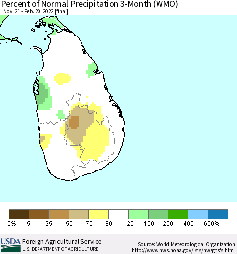 Sri Lanka Percent of Normal Precipitation 3-Month (WMO) Thematic Map For 11/21/2021 - 2/20/2022