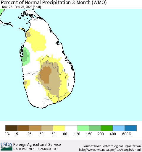 Sri Lanka Percent of Normal Precipitation 3-Month (WMO) Thematic Map For 11/26/2021 - 2/25/2022