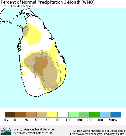 Sri Lanka Percent of Normal Precipitation 3-Month (WMO) Thematic Map For 12/1/2021 - 2/28/2022