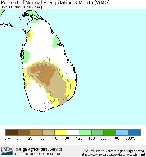 Sri Lanka Percent of Normal Precipitation 3-Month (WMO) Thematic Map For 12/11/2021 - 3/10/2022