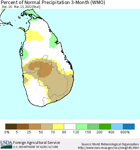 Sri Lanka Percent of Normal Precipitation 3-Month (WMO) Thematic Map For 12/16/2021 - 3/15/2022