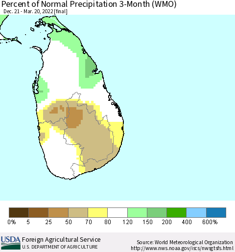 Sri Lanka Percent of Normal Precipitation 3-Month (WMO) Thematic Map For 12/21/2021 - 3/20/2022